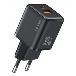 USAMS φορτιστής τοίχου US-CC189, USB & USB-C, 30W PD, μαύρος